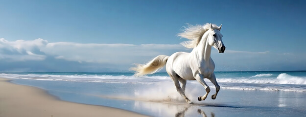 White horse galloping on a beach with waves in the background. Powerful equine motion captured with sea foam and clear skies