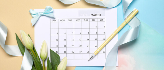 Calendar, pen and bouquet of tulips on color background. International Women's Day