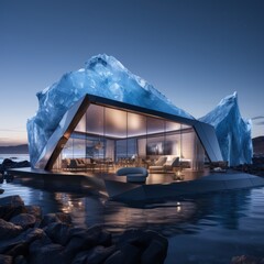 A house of the future built in an iceberg in Anarctica. Future living: innovative house within antarctic iceberg - sustainable design and isolation in the frozen wilderness.
