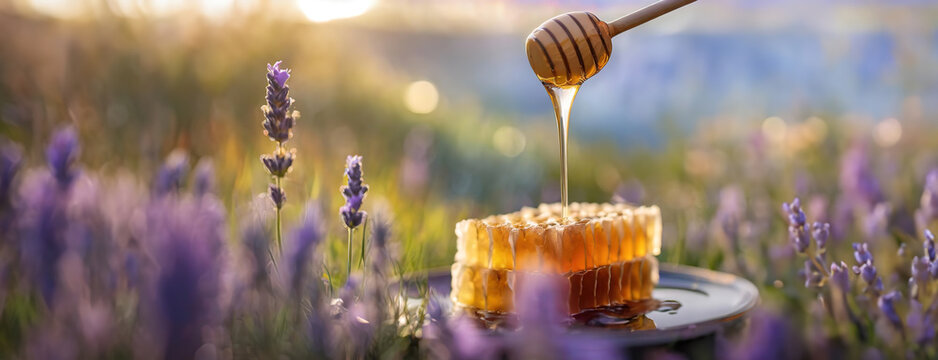 Honey dripping from a dipper onto honeycomb in a lavender field. Golden honey with a background of purple flowers and sunlight