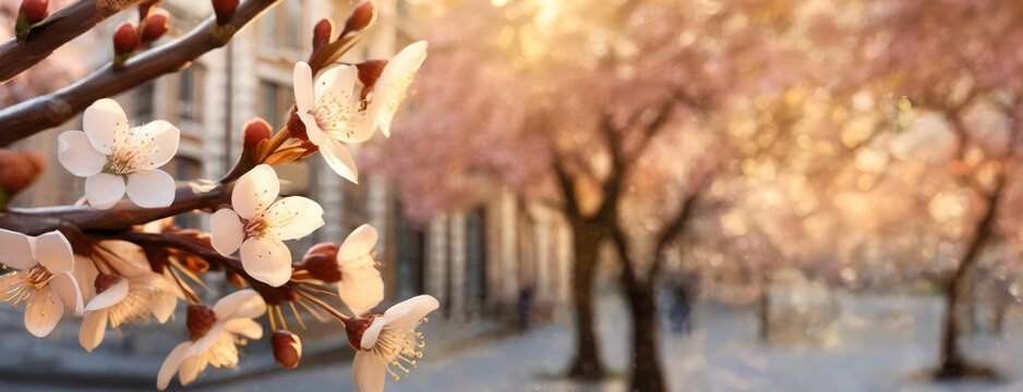 Close-up of white spring blossoms on a tree branch. Blooms against a blurred urban background with pink hues