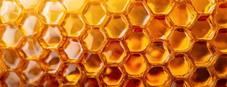 Close-up of honeycomb cells filled with honey. Macro view of a beehive's hexagonal pattern with golden honey in each compartment