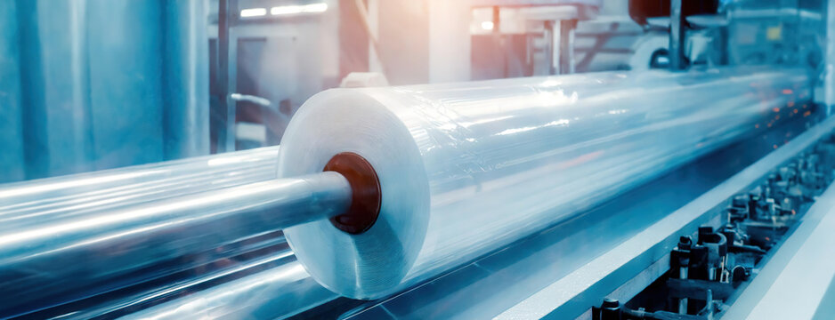 Industrial plastic film roll on production machinery. Manufacturing equipment winding a large roll of transparent plastic film in a facility