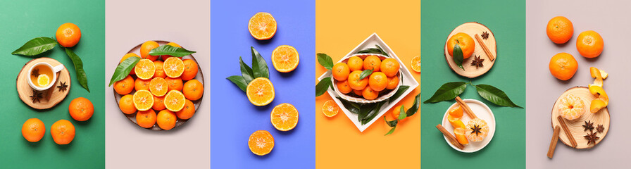 Collage of sweet mandarins on color background, top view