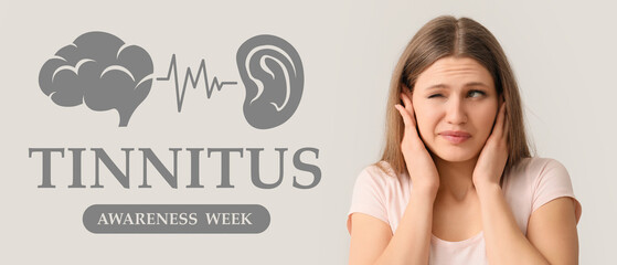 Banner for Tinnitus Awareness Week with young woman having hearing disorder