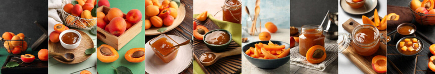 Set of sweet apricot jam on table - obrazy, fototapety, plakaty