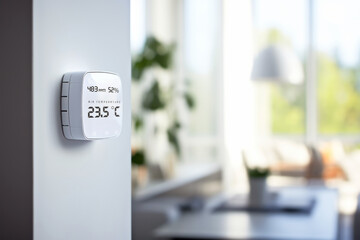 Digital electronic thermostat showing CO2 levels, temperature, and humidity on a home wall for air quality monitoring. Concept of smart home technology for everyday comfort living and domestic life - obrazy, fototapety, plakaty