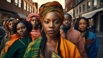 A group of women of African or African American appearance together. The concept of defending women's rights - obrazy, fototapety, plakaty