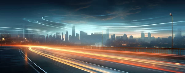 Papier Peint photo Lavable Autoroute dans la nuit a city with light trails on a highway at night time, in the style of light teal and orange  