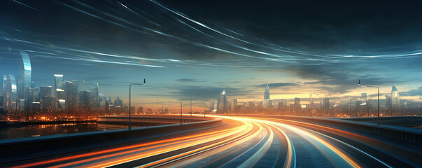 Fototapeta na wymiar a city with light trails on a highway at night time, in the style of light teal and orange 