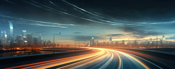  a city with light trails on a highway at night time, in the style of light teal and orange   © Koray
