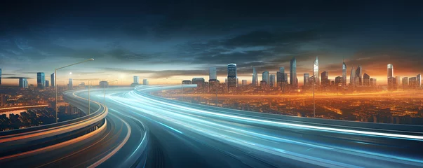 Foto op Plexiglas a city with light trails on a highway at night time, in the style of light teal and orange   © Koray