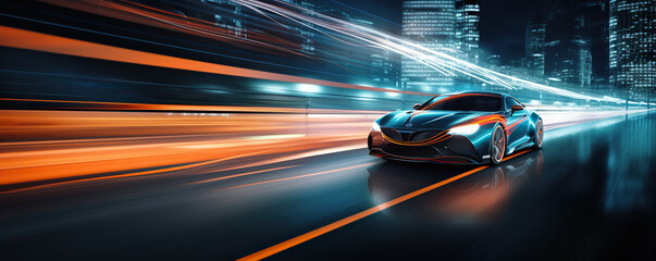 the futuristic elan concept car driving along a city road at night time, in the style of vray tracing	

