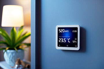 Wall-mounted digital thermostat device in blurred home interior displaying temperature and air quality details. Integration of intelligent home technologies for enhanced daily living and home comfort