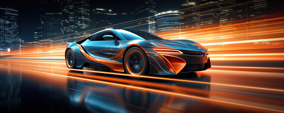 the futuristic elan concept car driving along a city road at night time, in the style of vray tracing	
