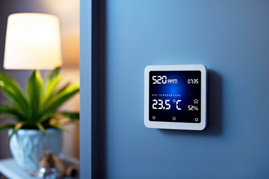 Wall-mounted digital thermostat device in blurred home interior displaying temperature and air quality details. Integration of intelligent home technologies for enhanced daily living and home comfort