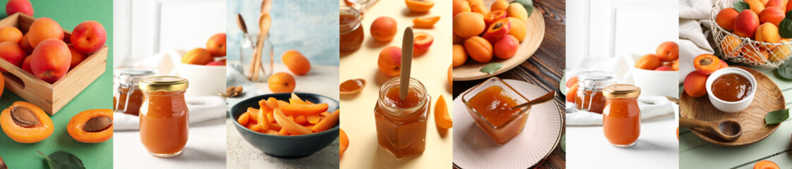 Set of sweet apricots and tasty jam on table