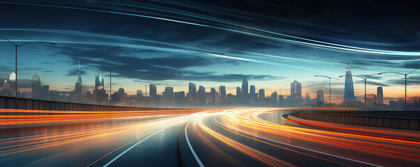 a city with light trails on a highway at night time, in the style of light teal and orange