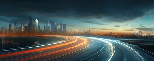 Foto op Canvas a city with light trails on a highway at night time, in the style of light teal and orange © Koray