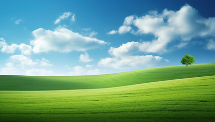 Obraz premium Amazing green field and white clouds in a summer day.