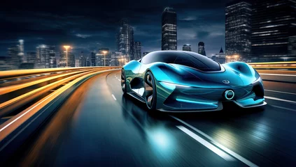 Foto op Aluminium the futuristic elan concept car driving along a city road at night time, in the style of vray tracing  © Koray