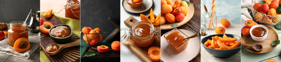 Collage of fresh apricots and sweet jam on table - obrazy, fototapety, plakaty
