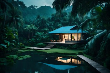 Twilight casting a serene blue hue over a bungalow in a lush green jungle, with the pond nearby reflecting the tranquility of nature's embrace.