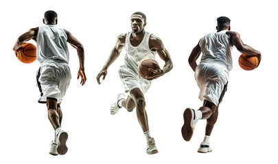 Basketball players collection set in front view and side view over isolated transparent background