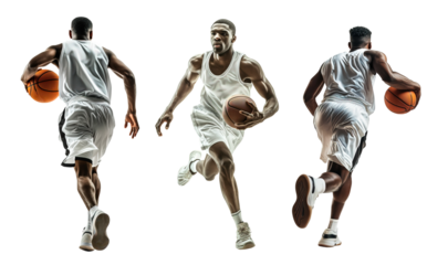 Basketball players collection set in front view and side view over isolated transparent background