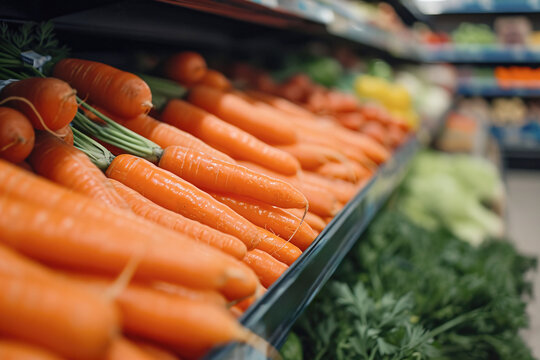 Fresh organic carrots in a supermarket aisle. Close up image