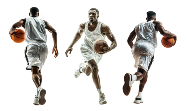 Basketball players collection set in front view and side view over isolated transparent background