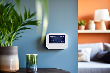 A touchscreen thermostat with air quality and temperature control system installed on a blue home wall. Smart home technology enhancing daily comfort and domestic living - obrazy, fototapety, plakaty