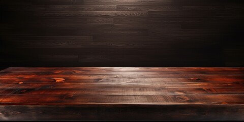 Advertising concept featuring wooden table on dark background.