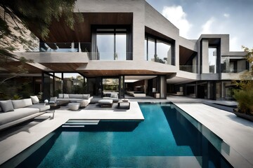 Obraz premium Wide-angle shot capturing the elegance of a duplex with swimming pool, where sculptural elements and water features accentuate its beauty.