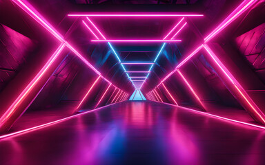 Neon light abstract background. Triangle tunnel or corridor pink blue neon glowing lights. Laser lines and LED technology create glow in dark room