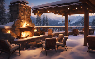 Outdoor fireplace Fire Pit in a snowy setting on a restaurant terrace in the mountains in a ski resort