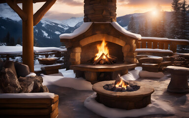 Outdoor fireplace Fire Pit in a snowy setting on a restaurant terrace in the mountains in a ski resort - obrazy, fototapety, plakaty