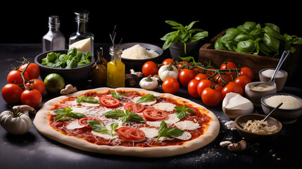 Une pizza non cuite garnie de tomates, de mozzarella et de basilic, entourée d'ingrédients frais et d'assaisonnements sur une table de cuisine.