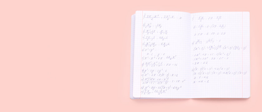Copybook with maths formulas on pink background with space for text - Powered by Adobe