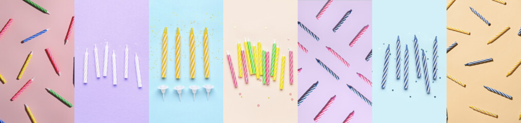 Collage of birthday candles on color background, top view