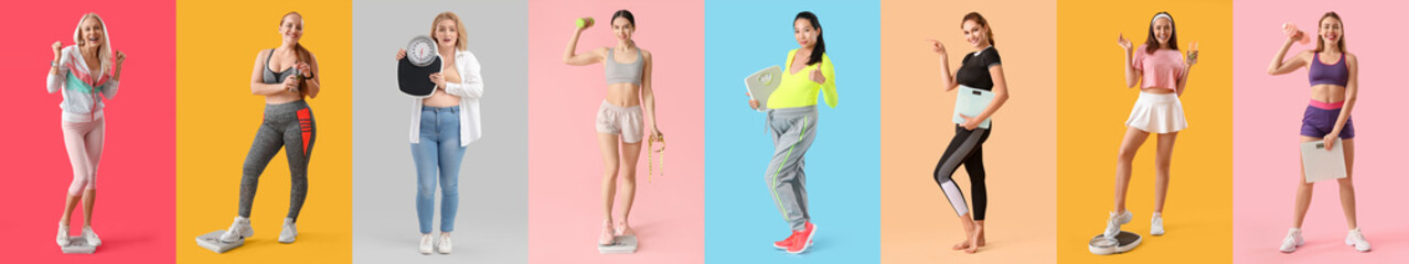 Set of women with weight scales on color background. Diet concept - obrazy, fototapety, plakaty