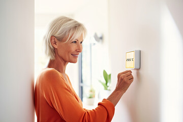 Smiling senior woman with white hair adjusts a smart thermostat on a white wall in a bright, well lit stylish home. Using of intelligent home technologies for enhanced daily living and home comfort - obrazy, fototapety, plakaty