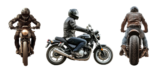 Collection of classic motorcycle runner in front, side and back view over white background