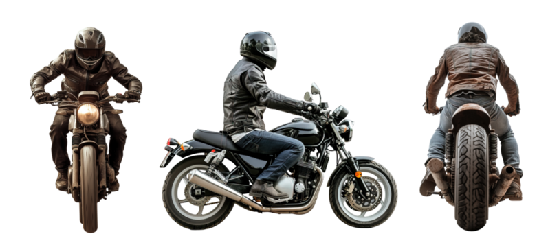 Collection of classic motorcycle runner in front, side and back view over white background