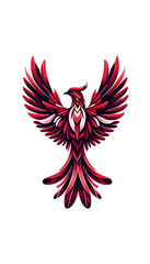 Majestic Flight of Rebirth: Stylized Phoenix Illustration with Vibrant Reds and Contrasting Whites, Symmetrical Design Flight Symbolizing Renewal & Transformation - Concept of Resurgence and Grace