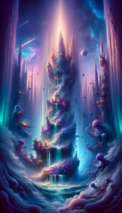 Fantasy Landscape with Luminous Lifeform Structure, Surreal Artwork - Concept of Dreamlike World, Magical Ecosystems, and Alien Nature