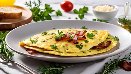 Egg omelette with fried bacon and rosemary on a white plate on the dining room table