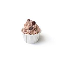 Cupcake muffin with chocolate cream and coffee beans in paper cup isolated on white background....