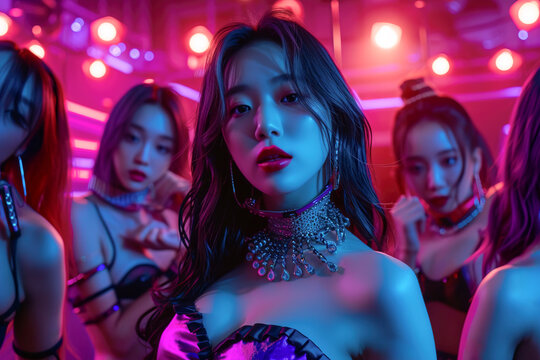Group of female Asian in k-pop with modern and sey outfit pose seductively and looking at camera