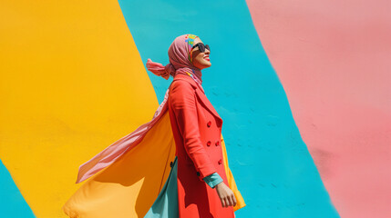 Modern colorful stylish photograph of a muslim woman wearing a hijab in dynamic shot happy and positive.
